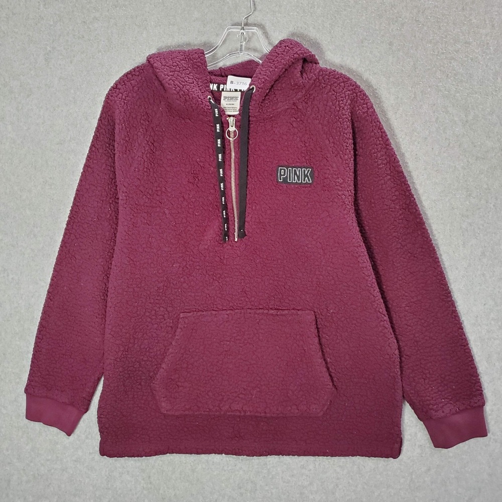 PINK Victoria's‎ Secret Women Sweatshirt Medium Red Hoodie Sherpa 1/2 Zip